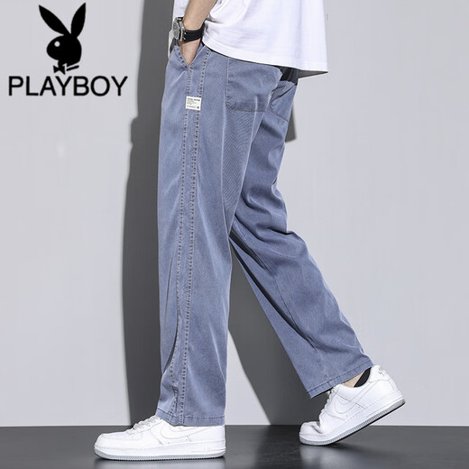 花花公子（PLAYBOY）春秋季天丝质裤子男直筒宽松拖地潮牌阔腿裤秋天薄款休闲长裤男生 1048浅蓝色【1条装】 4XL 码