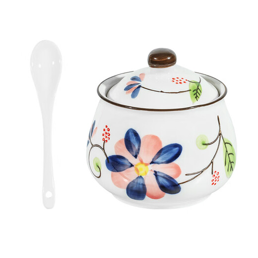 Baijie lard jar ceramic high temperature resistant kitchen seasoning jar chili oil seasoning jar oil spicy oil storage tank oil container orchid pattern + spoon 350ml