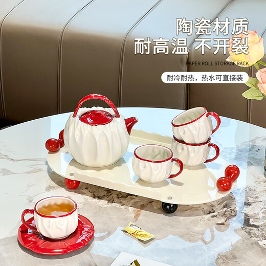 Zunmousse ceramic water set, household high-looking living room hospitality cup, teapot, kettle, housewarming gift, new home gift, pleated cup and pot set, 1 pot, 4 cups, 4 dishes, 1 tray