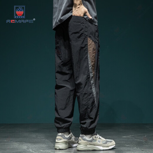 AEMAPE休闲裤男新款撞色拼接速干休闲裤男宽松潮牌束脚哈伦裤运动长裤 黑色 体重90至105斤 S