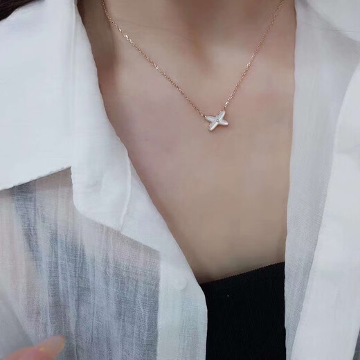 Shilian rose gold Zhenshangmei cross necklace for women 18K gold white mother-of-pearl full of diamonds X clavicle chain honeycomb necklace high-end jewelry white mother-of-pearl