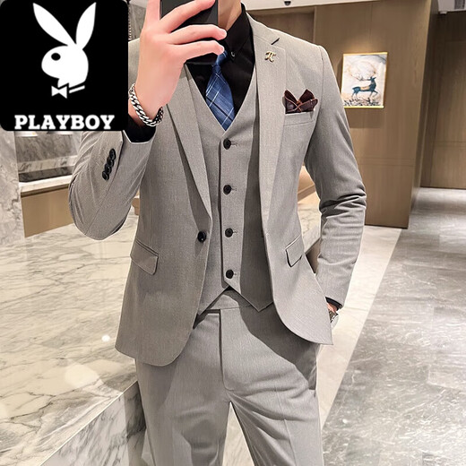 Playboy (PLAYBOY) men's suit suit Korean version slim fit groom wedding formal dress casual British iron-free suit jacket 1818 light gray suit + pants + vest XL recommended 120-135 Jin Jin equals 0.5 kg