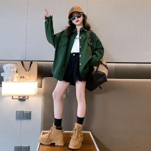 迪士尼女童衬衫外套秋装薄2025新款儿童女孩棉长袖衬衣大童装上衣外穿 绿色 170 cm