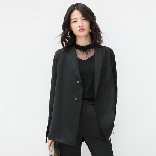 AMII Women's 2025 Minimalist European Station Suit Casual Pants Suit Autumn New Medium Long Loose Lapel Outer Black (Top) XL 170/92A