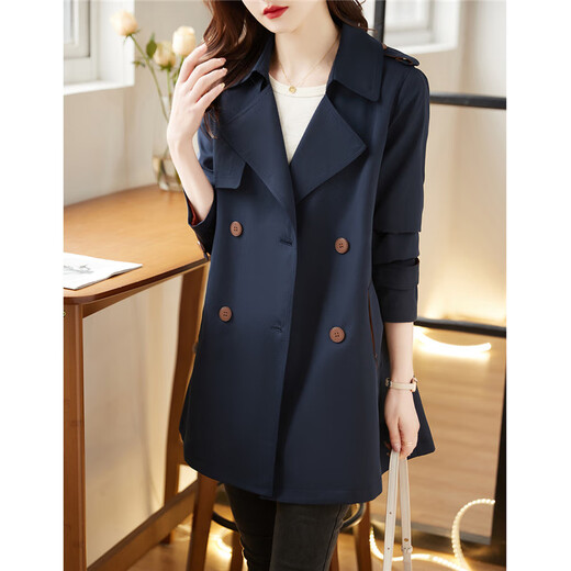Shang Jing windbreaker jacket for women mid-length small double-breasted solid color high-end fashion slimming windbreaker Navy blue XL
