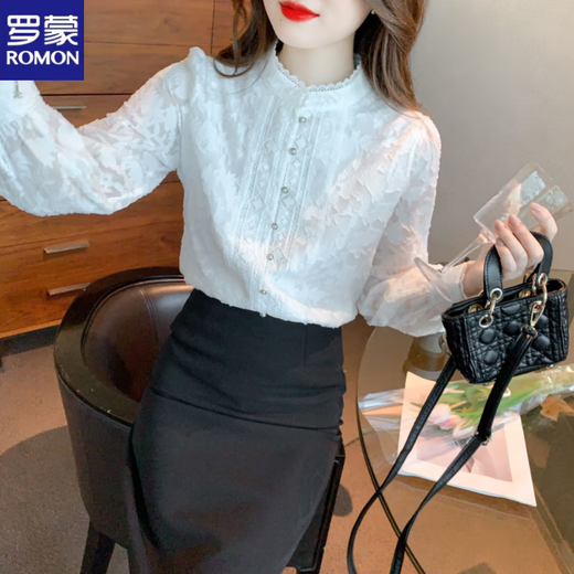 ROMON velvet thickened lace long-sleeved shirt women's base layer 2025 autumn and winter new style chic chiffon shirt stand collar white plus/velvet M