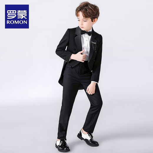 Romon Boy Anzug Kindertuxedoanzug Klavier Geige Blumenmädchen Performance Kostüm mittelgroße Jungen Kleid Fünf-teilige Set-Coat-Hemd-Hemd-Weste 110