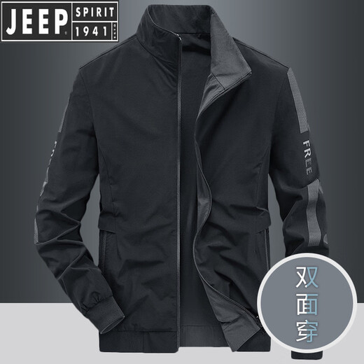 JEEP SPIRIT Jeep 2025 Spring New Double-Side Jacket Men's Stand Collar High-end Business Casual Men's Spring and Autumn Jacket Trend Spring and Autumn Double-Side Wear (6626-Dark Gray) XL