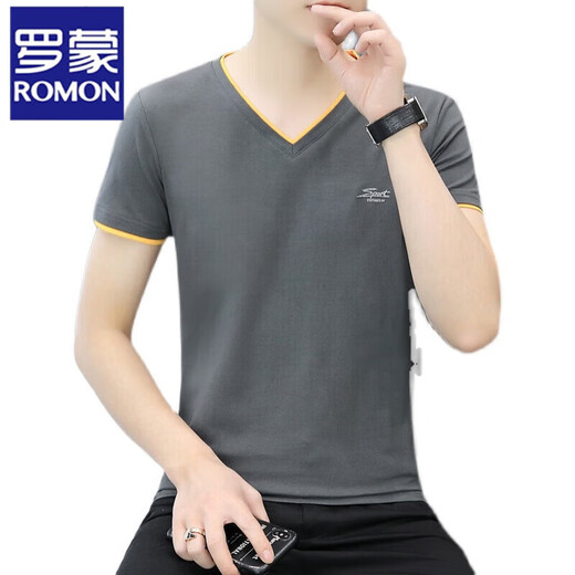 罗蒙（ROMON）青年棉v领半袖t恤男士夏季新款男士新款纯色鸡心领短袖t恤衫帅气 白色 QY691 M 90-斤
