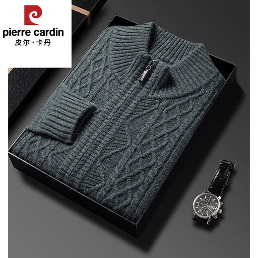 皮尔卡丹（pierre cardin）高档冬季新款男士100%羊毛开衫立领拉链针织衫毛衣休闲纯色外套 驼色9921 XL 175140-160斤