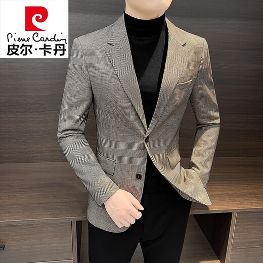 Pierre Cardin (Pierre Cardin) casual small suit jacket for men spring 2025 new top handsome high-end houndstooth suit for men Khaki color recommended 115Jin Jin is equal to 0.5 kg or less M
