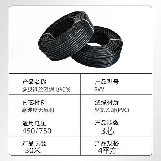 
Dingxian Wire and Cable RVV 3*4 square three core multi-strand copper wire signal wire soft sheathed wire full inspection 30 meters
