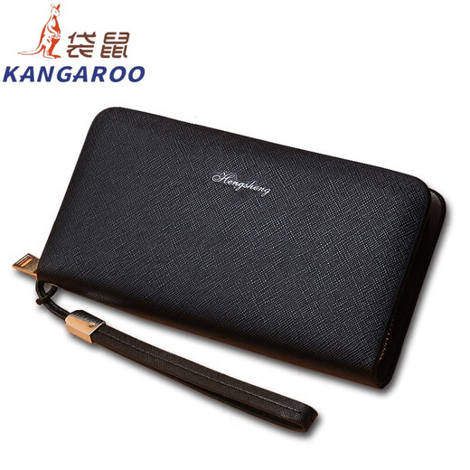 袋鼠（KANGAROO）法国进口品质时尚男士钱包男长款拉链手拿包日韩版多卡位商务休闲 黑色带手绳