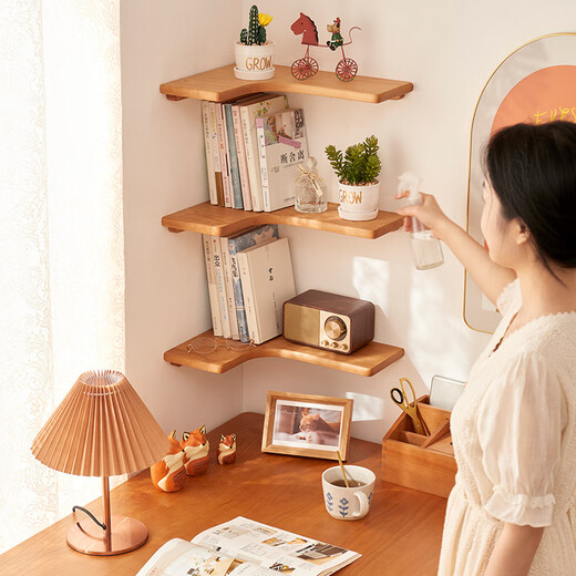 Zhixinmuwang solid wood corner shelf storage rack cherry wood punch-free bedroom corner shelf study wall tripod bookshelf corner shelf short left and long right, single layer, 390mm