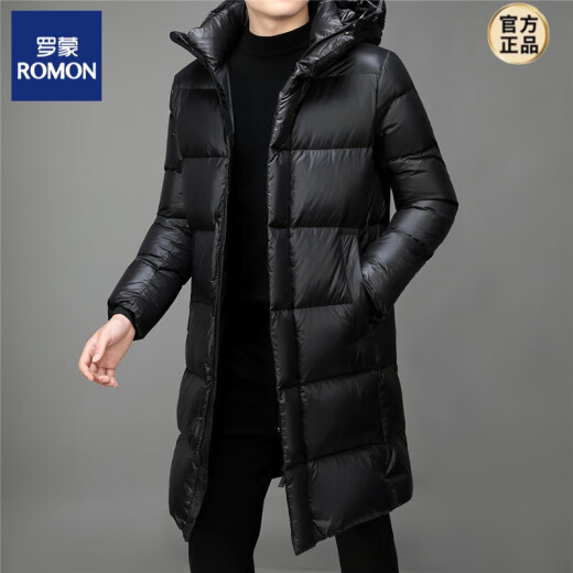 罗蒙（ROMON）男士中长款羽绒服冬季品质加厚保暖黑色羽绒衣连帽外套2024新款潮 黑色 9902长款 M 100-120斤