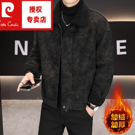 Pierre Cardin fur integrated men's winter velvet thickened deerskin lapel jacket warm cotton jacket trendy brown 3XL