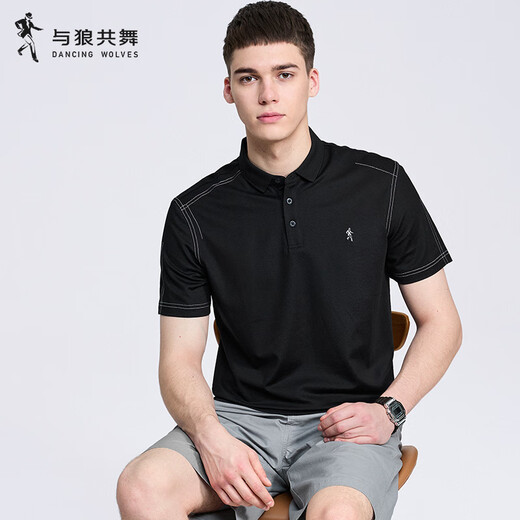 Tanzen mit Wölfen [mit Mulberry Seide] Helle Linie kurzärmeliges T-Shirt für Männer 2025 Sommermodal atmungsaktives kühles Polo-Hemd 6187 Schwarz 001 s (165)