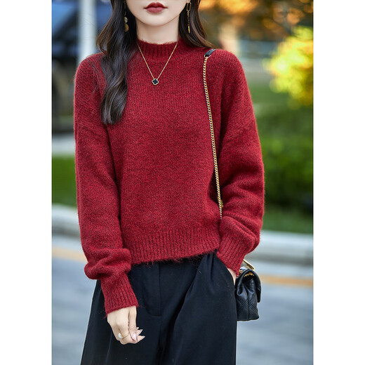 Demana sheep wool soft and waxy thickened sweater, lazy style red sweater, bright red M