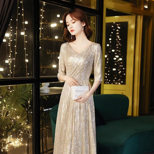 Su Lai champagne color Xi mother-in-law spring and summer style mother-in-law mid-length skirt can usually be worn at weddings and high-end mother-in-law dresses. Champagne gold mid-length skirt length 100 L L (recommended 110-120 Jin Jin equals 0.5 kg)