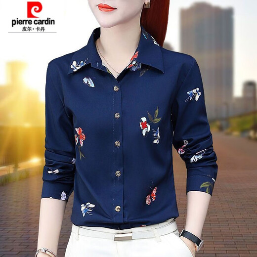 皮尔卡丹（pierre cardin）印花衬衫女长袖春秋装新款洋气雪纺衬衣中妈妈减龄百搭洋气上衣 LRJ 3519 大红 M (建议90-100斤)