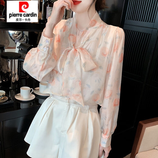 Pierre Cardin [3524 Kollektionen] Bug gespleißte langärmelige Chiffonhemd für Frauen Frühling 2025 Spring neues Hemd, damit sie schlanker Bildfarbe aussehen lassen (100 Jin [Jin gleich 0,5 kg])