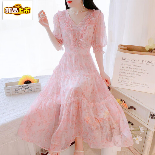 First-Pad French Tea Break V-Ausschnitt Schönes Blumenchiffon-Kleid für Frauen Sommer 2025 Neue Temperament Taille-Hugging Fairy Long Rock Green 736# [Versionskleid] XL [Empfohlen 120-135jin [Jin gleich 0,5 kg]]]