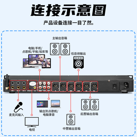 Depusheng digital KTV pre-amp effector, home karaoke stage, commercial conference, Bluetooth fiber optic coaxial balanced U disk anti-howling, karaoke audio processor with remote control KA2 KA2
