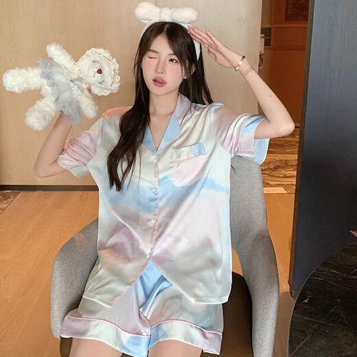 港莲娅冰丝睡衣女夏季薄款感短袖长裤三件套休闲宽松网红家居服外穿 l9214短袖短裤 M  建议80-100斤