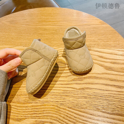 伊顿德鲁婴儿鞋袜秋冬季软底不掉0一1岁6到12个月男女宝宝加绒保暖软底鞋 卡其色2387 17码内长13.0cm(适合10-14个月)