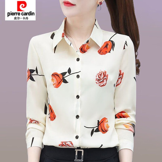 皮尔卡丹（pierre cardin）印花衬衫女长袖春秋装新款洋气雪纺衬衣中妈妈减龄百搭洋气上衣 LRJ 3519 大红 M (建议90-100斤)