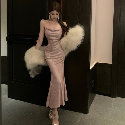 Die Nis Nightclub, famous lady elegant slim neckless long skirt, slim-fitting suspender fishtail banquet dress, pink L (105-115Jin[Jin equals 0.5 kg])