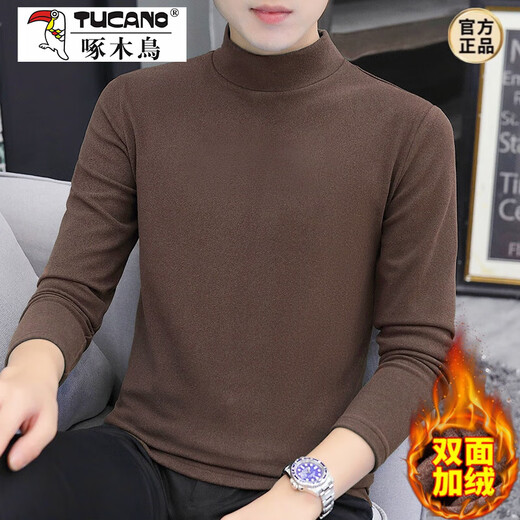 Woodpecker (TUCANO) German velvet long-sleeved T-shirt for men 2024 autumn and winter thermal underwear slim half turtleneck autumn coat bottoming shirt for men brown XL recommended 115-130 Jin Jin equals 0.5 kg