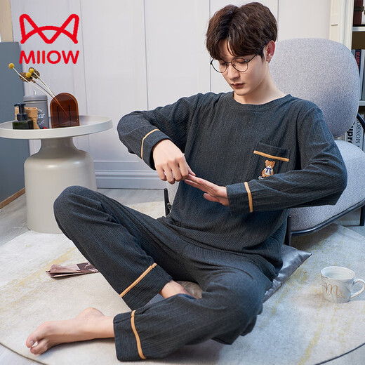 Catman Miiow Pyjamas Herren Frühling und Herbst reines Baumwoll-Langarm-Zwei-Teil-Set großer Größe Lose Teenager Herren-Baumwoll-Freizeitkleidung für Männer Langschlärm QM1584 XL [geeignet für 125-150jin [Jin gleich 0,5 kg]]