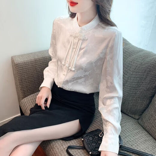 Top mit Pferdegesichtsrock Neues chinesisches Stil Chinese Style Busting Hemd für Frauen Herbst und Winter 2023 Temperament plus Samt plus weißer regulärer Stil 9902 L 2xl