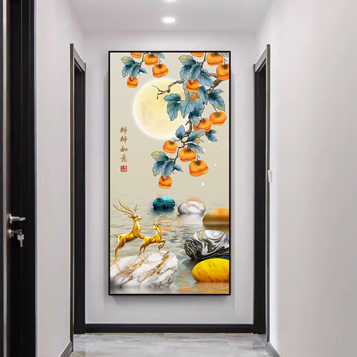 山头林村麋鹿玄关贴画墙贴自粘装饰画入户客厅背景墙走廊墙壁壁画贴纸墙画 九鱼财瑞-XG-653:金色边框 宽50*高100cm