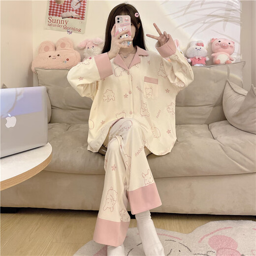 Leichte Yilinju-Pyjamas für Frauen im Frühjahr und Herbst Baumwolle langärmelige Strickjacke japanische süße Linie Kaninchen einfache Style Anzug Sommer Hauskleidung 6169 Smile Rabbit M.