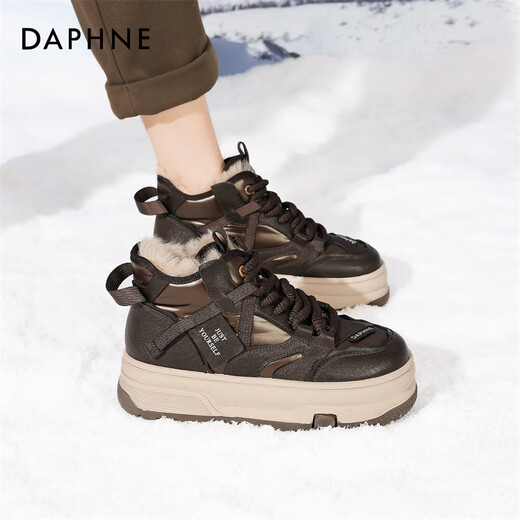达芙妮雪地靴女鞋2025新款秋冬大棉鞋加绒加厚保暖厚底休闲运动老爹鞋女 咖色 【5.0CM】 37