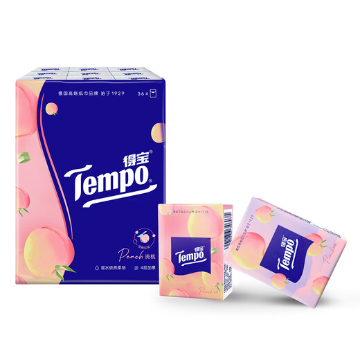 TEMPO Yibo same style handkerchief paper, sweet peach flavor 4 layers, 7 sheets * 36 pack, not broken when wet, tissue paper packet, facial tissue