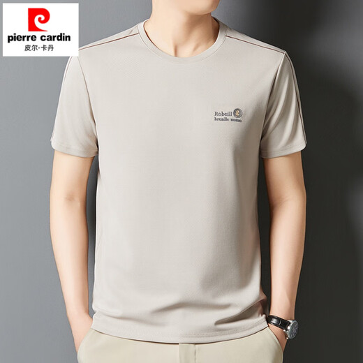 Pierre cardin 2025 summer new short-sleeved men's trendy round neck print middle-aged and young casual tops men's fashion T-shirt men 723-1 gray-green 3XL Recommended 165-180Jin [Jin equals 0.5 kg]