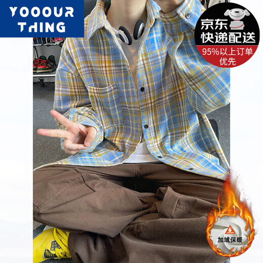 YOOOURTHING美式复古格子衬衫男长袖春秋冬加绒加厚宽松情侣百搭休闲衬衣外套 CJ9734-玫红 加绒 L (建议110-130斤)