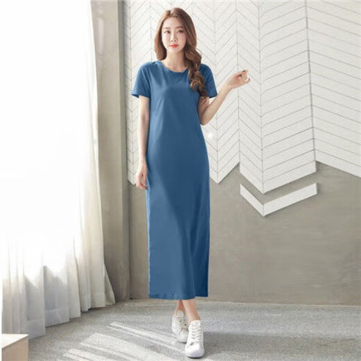 Zhongfanzhi super long dress with short sleeve cotton over-knee T-shirt skirt for women slim fit and slim summer slit ankle-length skirt for women black 9905 long skirt L