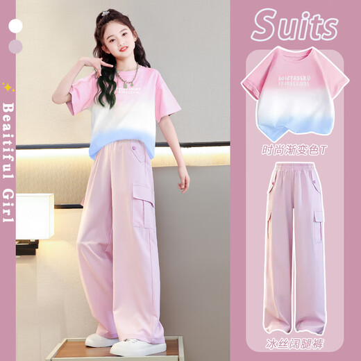 Nickybaby Girls Labour Hosen Set Sommer 2025 Neue Kinder Dopamine Trendy Summer Girls Kurzhülse Zwei-teilige Set 15029 Pink Purple + 9889 White 120