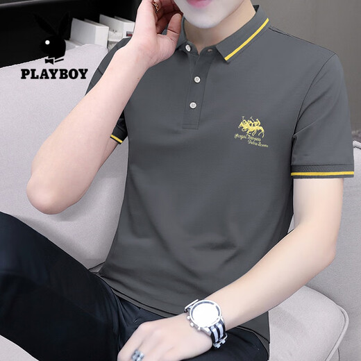 Playboy (Playboy) Футболка с короткими рукавами для мужской модной марки с вышитой маркой Пол модный универсальный тонкий лацвет сплошной цветной рубашка поло