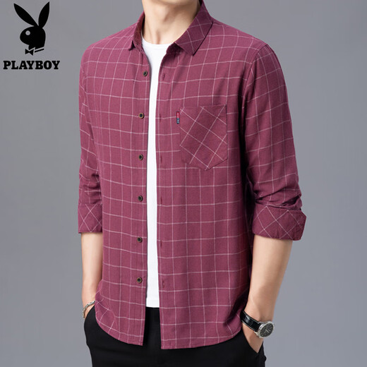花花公子（PLAYBOY）中年春秋长袖新疆棉男士格子衬衫商务休闲免烫加绒加厚衬衣 6626蓝色长袖 L 170-【120-135斤】