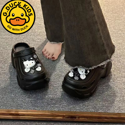 G·DUCK KIDS儿童拖鞋夏季新款厚底洞洞鞋女凯蒂猫增高防滑软底包头拖鞋 白色+粉蝴蝶结猫[厚底7.0]EVA 36 -37[适合35-36]