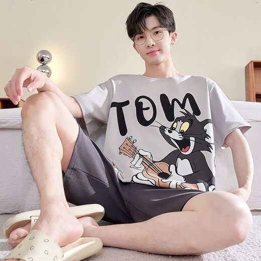 苔真纯棉睡衣男夏季短袖套装可外穿休闲卡通青少年大码圆领套头家居服 LQE1048 L 建议体重100-125斤