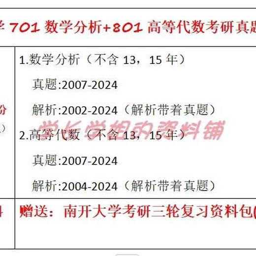 
Nankai University 701 Mathematics Analysis + 801 Advanced Algebra Postgraduate Entrance Examination Questions and Materials 2007-2024 (see details for consultation link