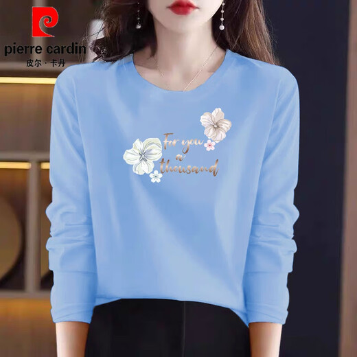 Pierre Cardin Pink reines Baumwolltemperament Langarmed T-Shirt für Frauen, Frauen mit dem altersreduzierenden Basishemd von Frauen für Frühlings- und Herbst 2025 neues Modell auf H6296 Graupulver Baumwolle Langarmed L (Empfohlen 105-120 Jin [Jin gleich 0,5 kg]))