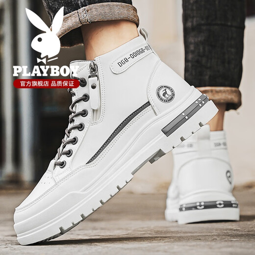 Playboy (PLAYBOY) men's shoes high top spring and summer new 2025 casual retro thick sole height-enhancing breathable trendy leather shoes men's Martin boots white brown 844 42
