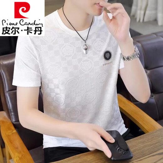 皮尔卡丹（pierre cardin）刺绣透气短袖t恤男夏季烫钻冰丝体恤衫透气薄款上衣 698白色 XL 125-140斤